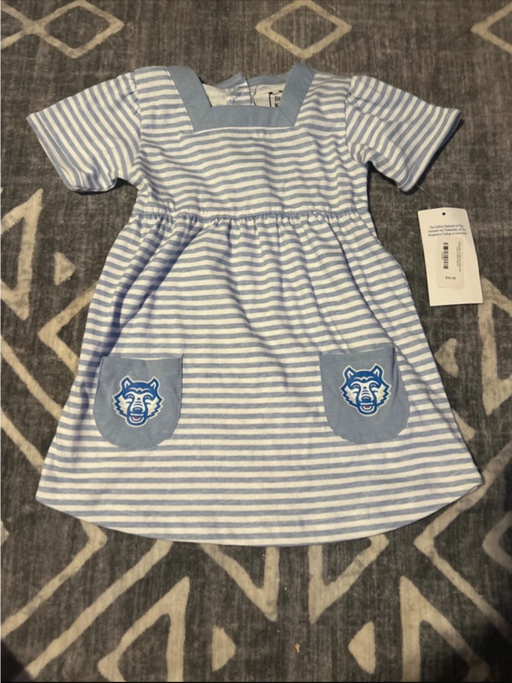 Girls Light Blue & White Striped Short Sleeve Dress with Pocket Accents